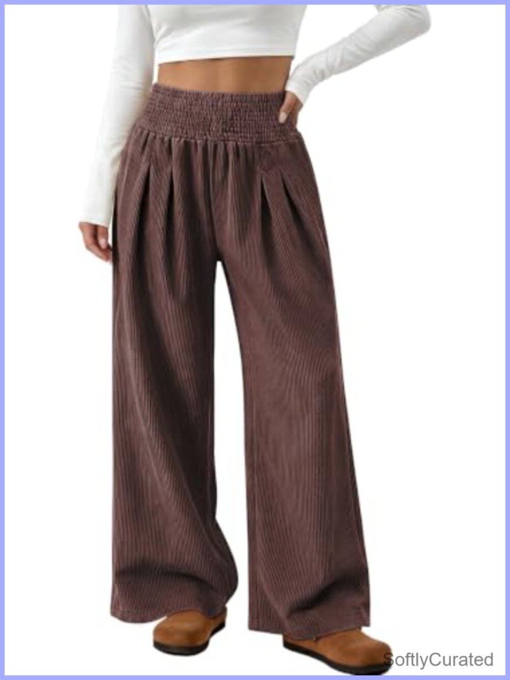 TARSE Wide Leg Palazzo Corduroy Pants with Pockets High Rise Smocked Waist